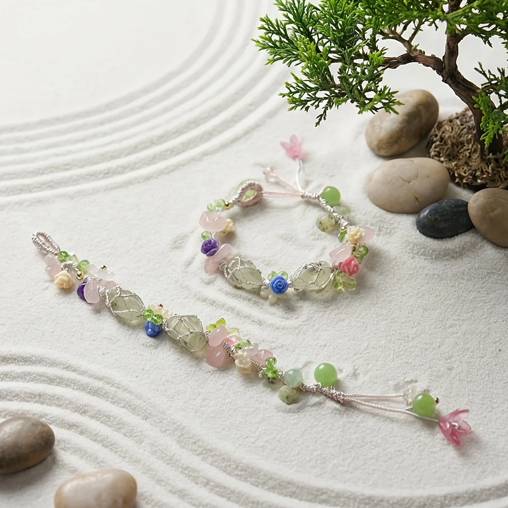 Handmade Natural Crystal Stone Bracelet with Original Weaving Craft Colorful Flower Design for Women Forest System Sweet INS Sty