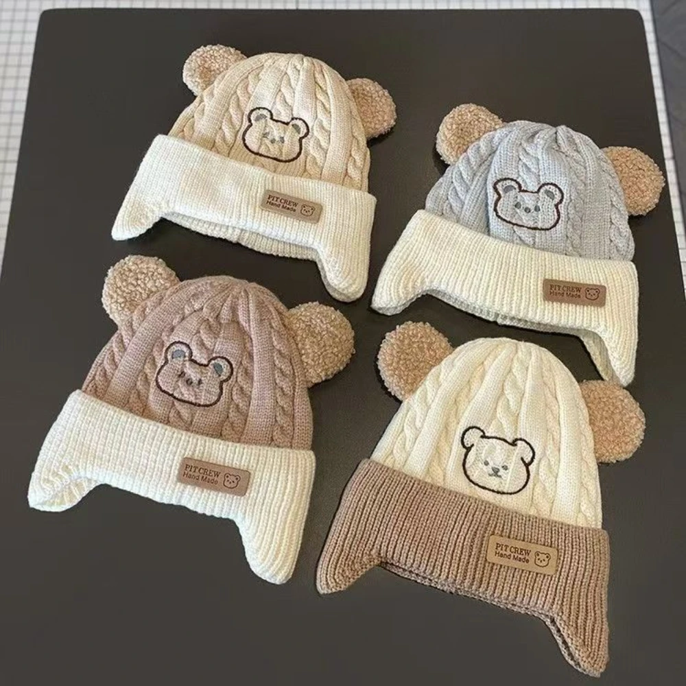 Cute Bear Baby Earmuffs Cap Winter Warm Kids Plush Pullover Hat 6-36month Toddler Beanies Thicken Velvet Children Crochet Bonnet