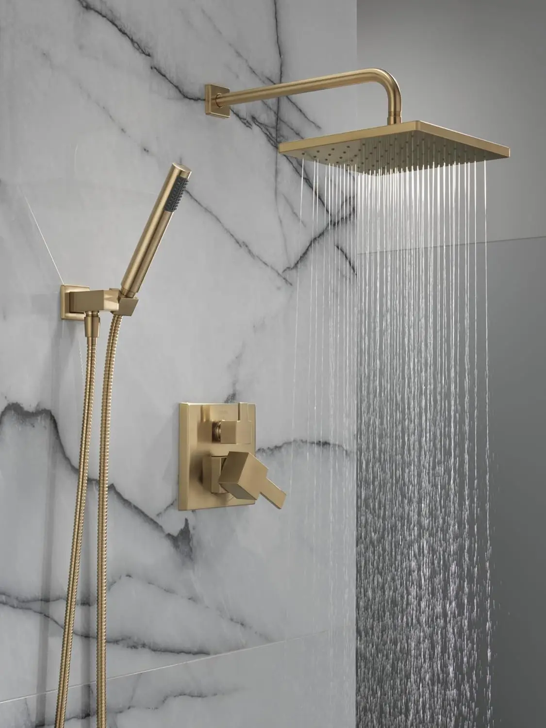 Delta Faucet Modern Raincan 2-Setting Square Shower System Including Rain Shower Head and Handheld Spray Gold 2