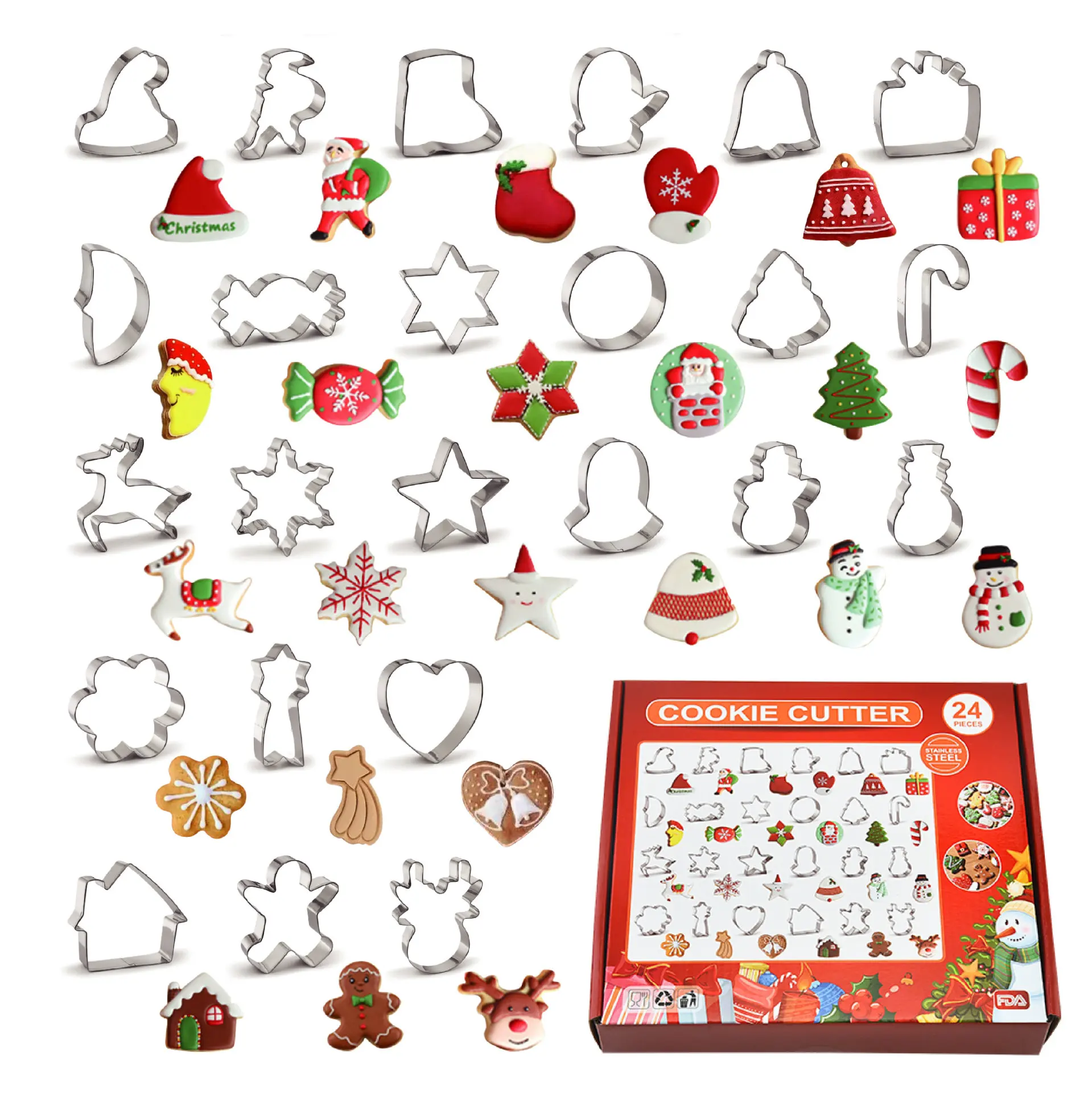 

24 Pieces Christmas Themed Stainless Steel Cookie Cutter Mold Set Christmas Tree Candy Crutches Cookie Mold Kids DIY Baking Tool