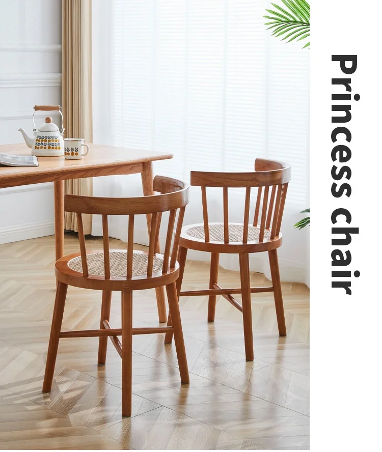 X&D Nordic Japanese Style Solid Wood Wicker Windsor Dining Chair Home Retro Leisure Backrest Chair Solid Wood Wicker Round Chair