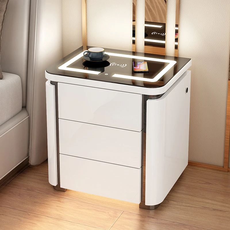 

European Smart Bedside Table Home Bedroom Furniture Solid Wood Nightstands Multifunctional Storage Cabinet with Sensor Light