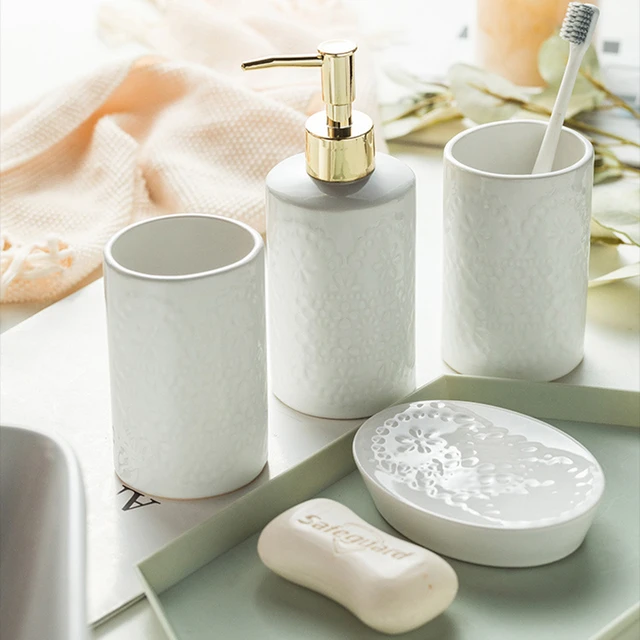 4 Piece Gray Embossed White Floral Pattern Bathroom Accessory Set with Soap  Dish, Tumbler, Toothbrush Holder and Pump Dispenser