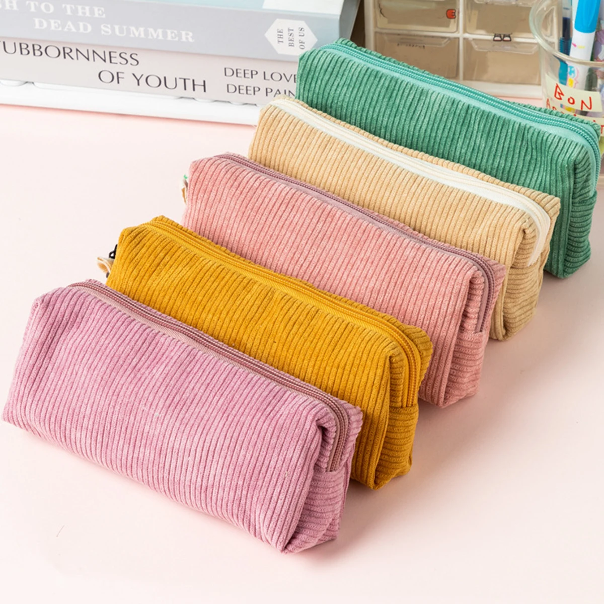 코듀로이 레트로 필통, 학생용 대용량 미적 펜 파우치 정리함, 심플한 패브릭 학교 필통 지퍼