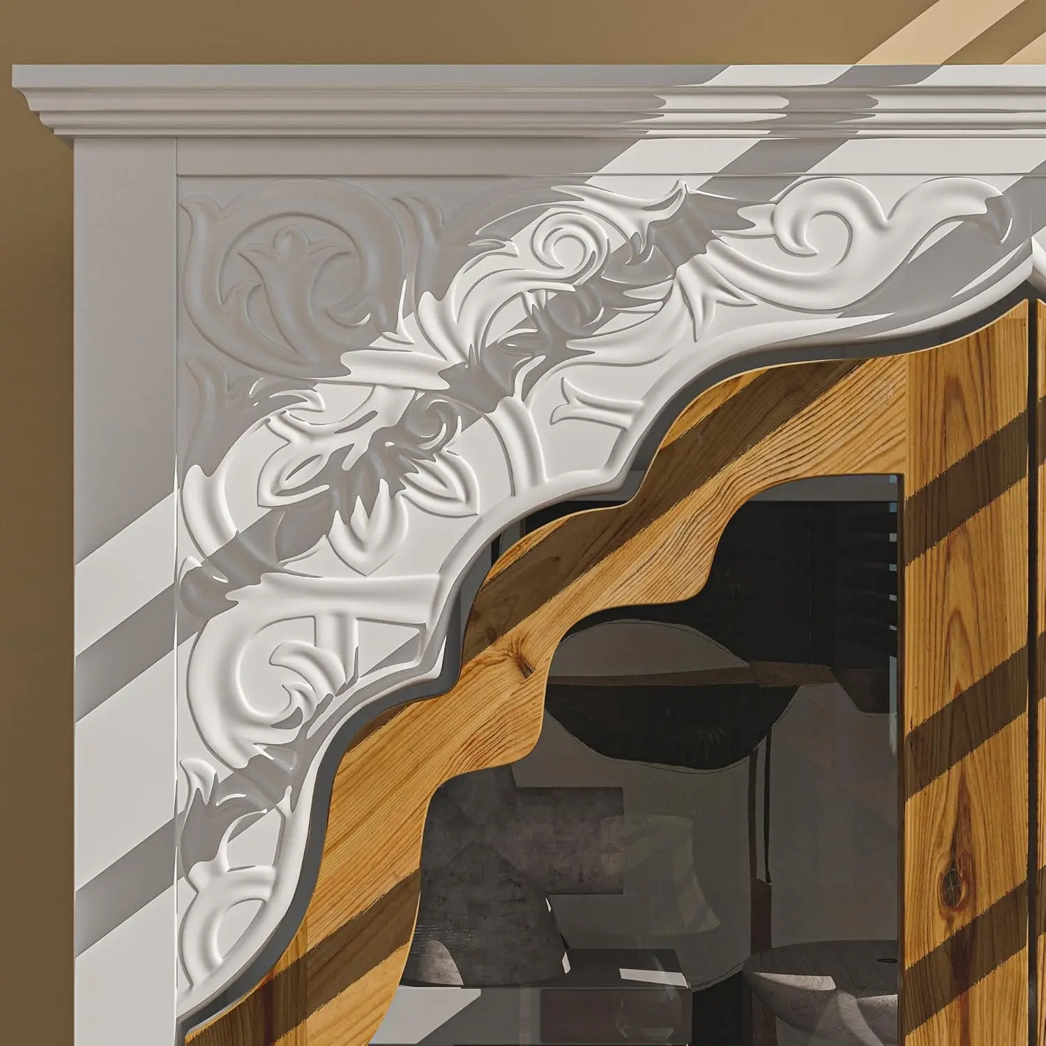 Modern 3-Tier Storage Cabinet Bookshelf with Carved Doors, Multi-Purpose Storage Cabinet with Drawer & Shelves - Image 4