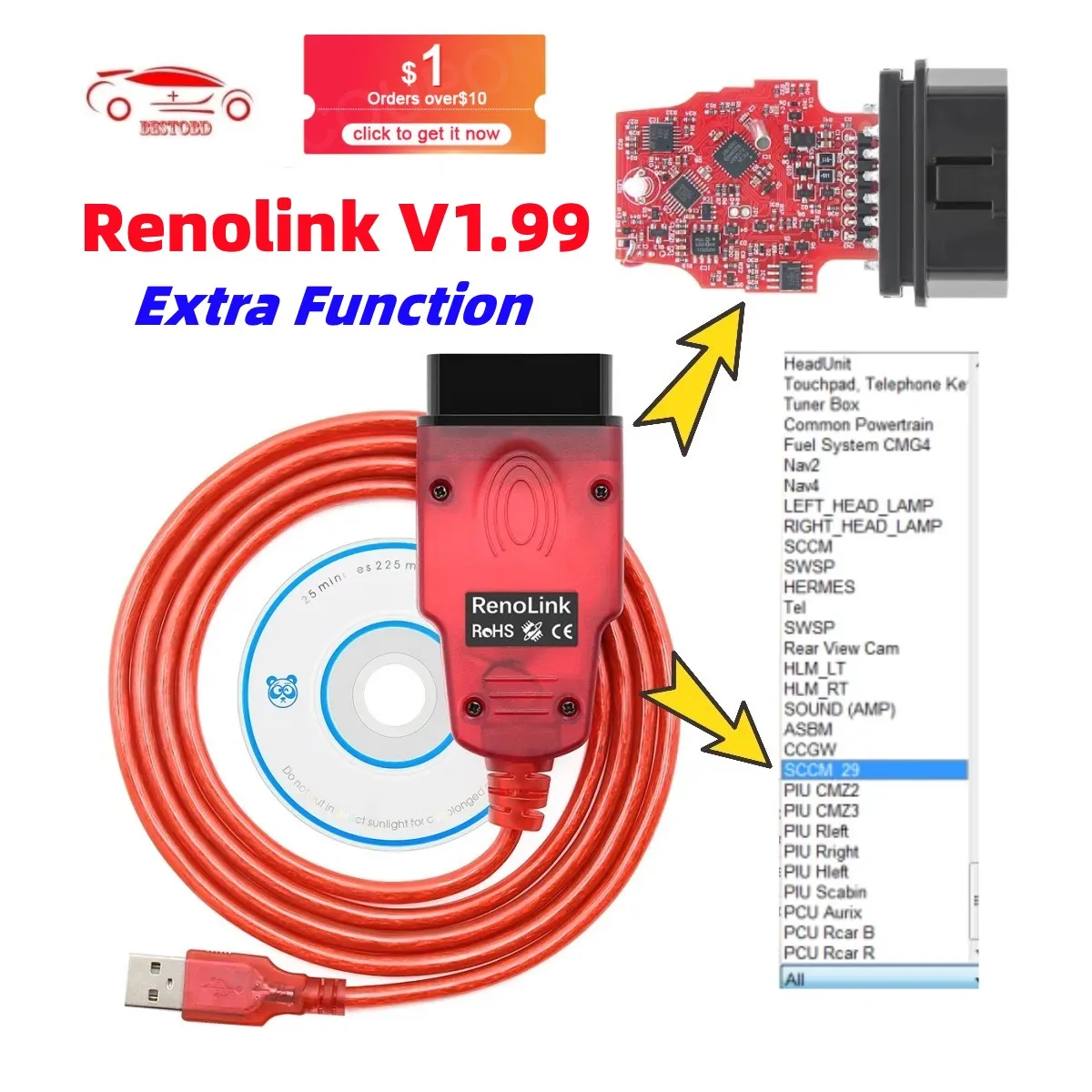 Outil Diagnostic Renolink 2.10 OBDII - Réinitialisation, Codage, Lecture Défauts, Interface Simple