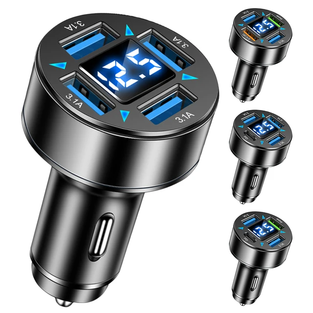 66W Power Adapter 4-Port Blue Light Fast Car Charger USB PD Quick Charge Adapter QC 3.0 LED Digital Display for Huawei Xiaomi