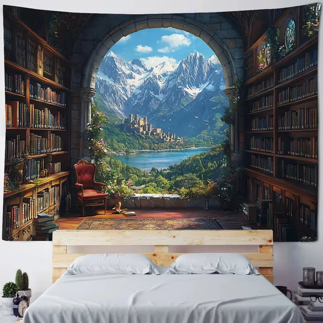 Bibliothèque magique tapisserie bibliothèque salon tenture murale articles de décoration esthétique dortoir décor à la maison mur Art fond tissu 5
