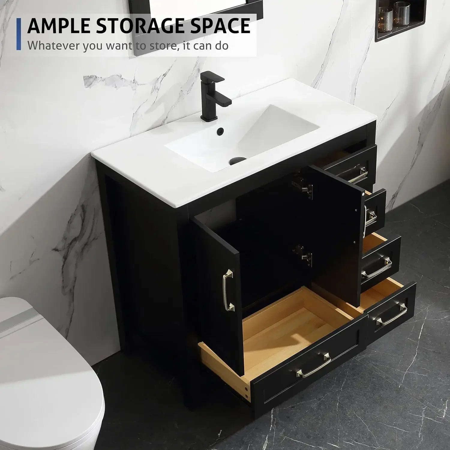 36" Bathroom Vanities Cabinet with Sink Combo Set Undermount Ceramic Sink w/Thickened Wood Painted Surface Black 3