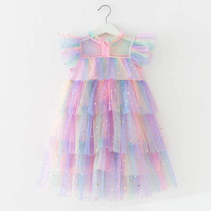 Girl Party Dress Rainbow Sequin Birthday Princess Costume For Kids Baby Holiday Beach Bathing Mesh Cake Clothes