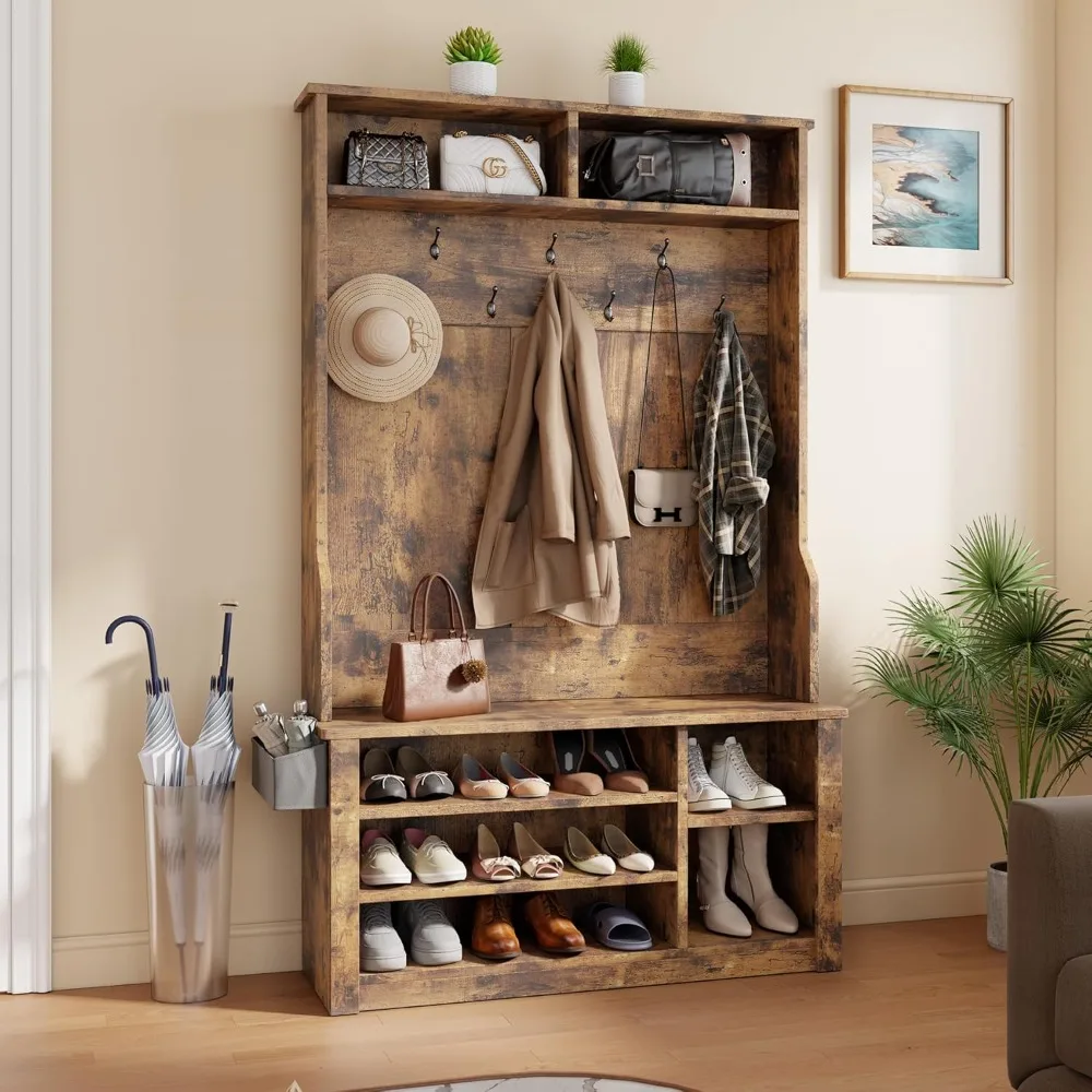entryway hall tree with bench and storage, 3-in-1 hall tree with coat rack, adjustable shoe bench, 2-tier top storage, for hall