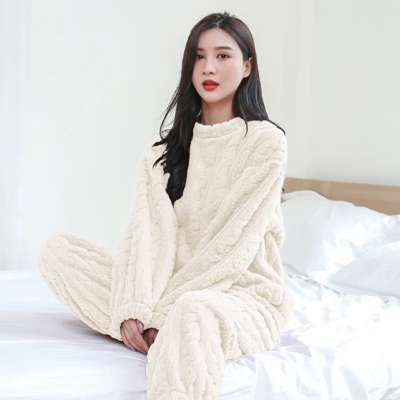 2pcs Fleece Pajama Sets Women Flannel Long Sleeve Warm Thicken Pajamas Thermal Winter Pyjamas Set Nightwear Sleepwear Plus Size