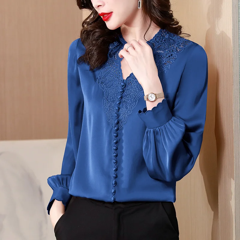 

#1777 Red Blue Satin Womens Tops And Blouses V-neck Embroidery Hollow Out Basic Blouse Buttons Long Sleeve Woman Shirts Spring