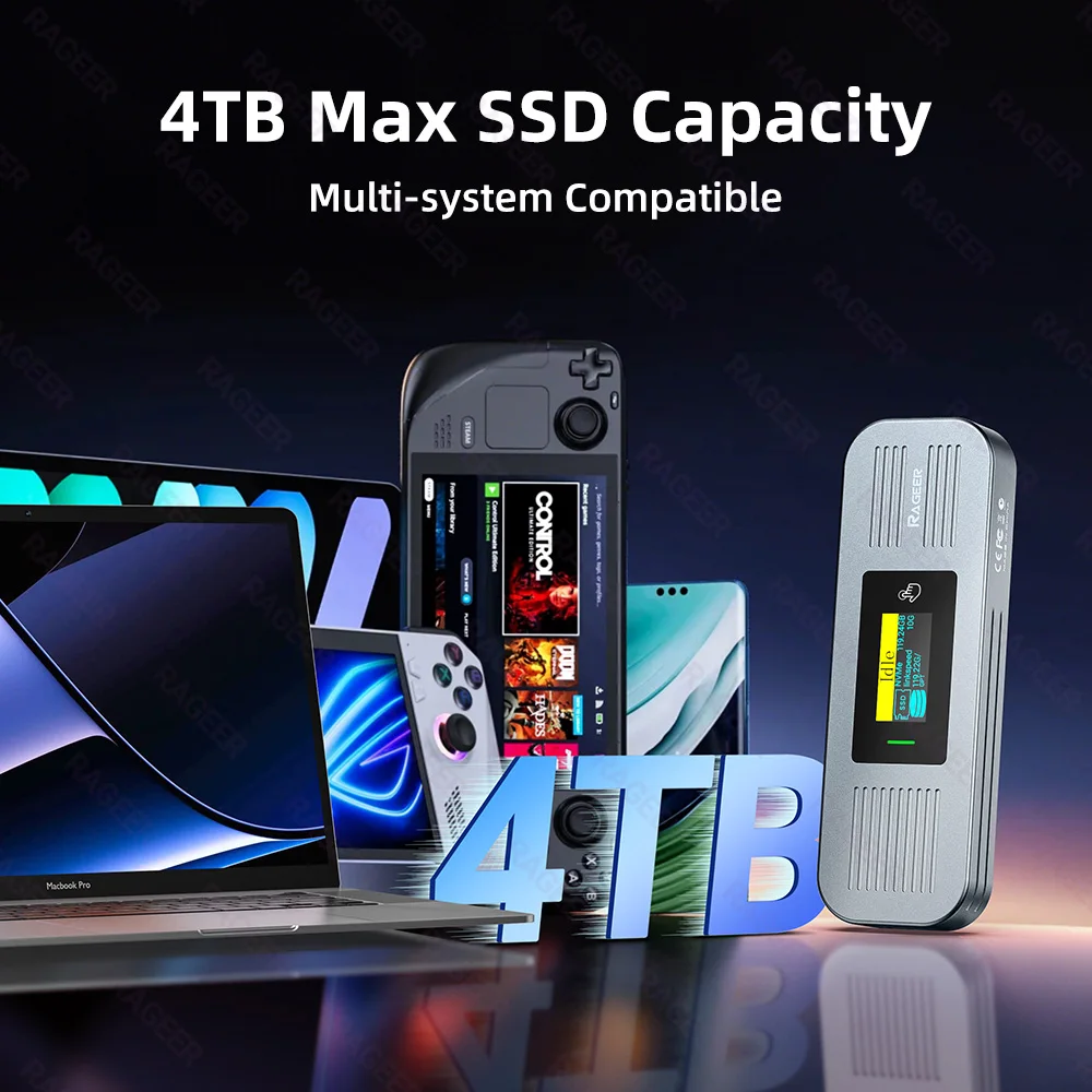RAGEER Visual Smart M.2 NVMe 2280 Enclosure Aluminum USB-C Adapter 10Gbps Data Transfer Speeds External SSD Storage external hard drive case ssd enclosure hard drive adapter ssd adapter