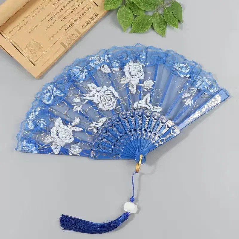 1PC Rose Lace Fan Folding Folding Fan Dance Dance Ancient Style Hanfu Chinese Fan