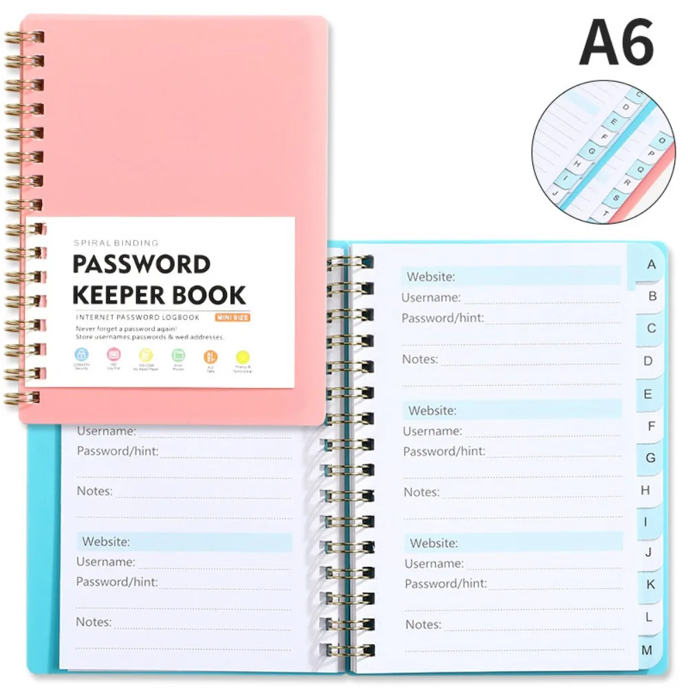 Alphabetical Tabs Spiral Password Keeper Notebook, A6 Mini Size, Secure Website Logins Organizer