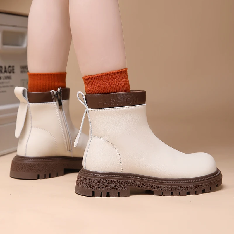 

Hight Quality 2023 A/W British Style Daily Dress Casual Leather Boots For Kids Unisex Solid Black Ankle Top Zip Fashion Shoes