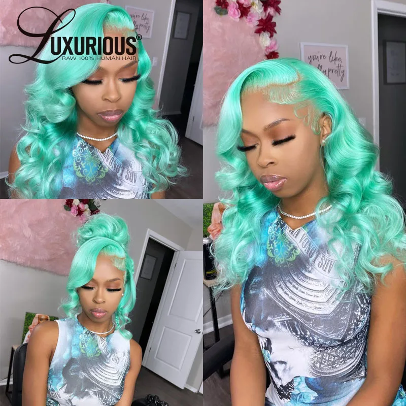 Pre Plucked Mint Green Body Wave Wigs For Black Women Brazilian Virgin Human Hair Party Wigs 13x4 Transparent Lace Front Wigs silky straight human hair wigs mint green long brazilian lace front wigs for women pre plucked 13x4 transparent lace front wigs