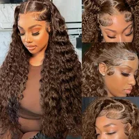 Perruque Lace Front 13x6 en Cheveux Humains, Ondulations Profondes Marron Chocolat, 36 Pouces, Effet Vague d'Eau, Densité 200%, Bouclée, Pré-épilée 3