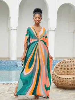 Women Beach Cover Up Loose Kaftan Dress Colorful Geometric Bathing Suit Bikinis Set Dress 1