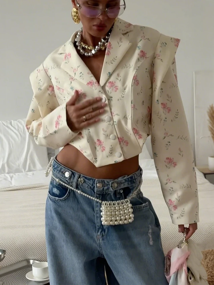 Nibber Floral Print Crop Coat Woman Polo-Neck Single-Breasted Full Sleeve Irregular Hem Sweet Style Street Casual Hipster Tops