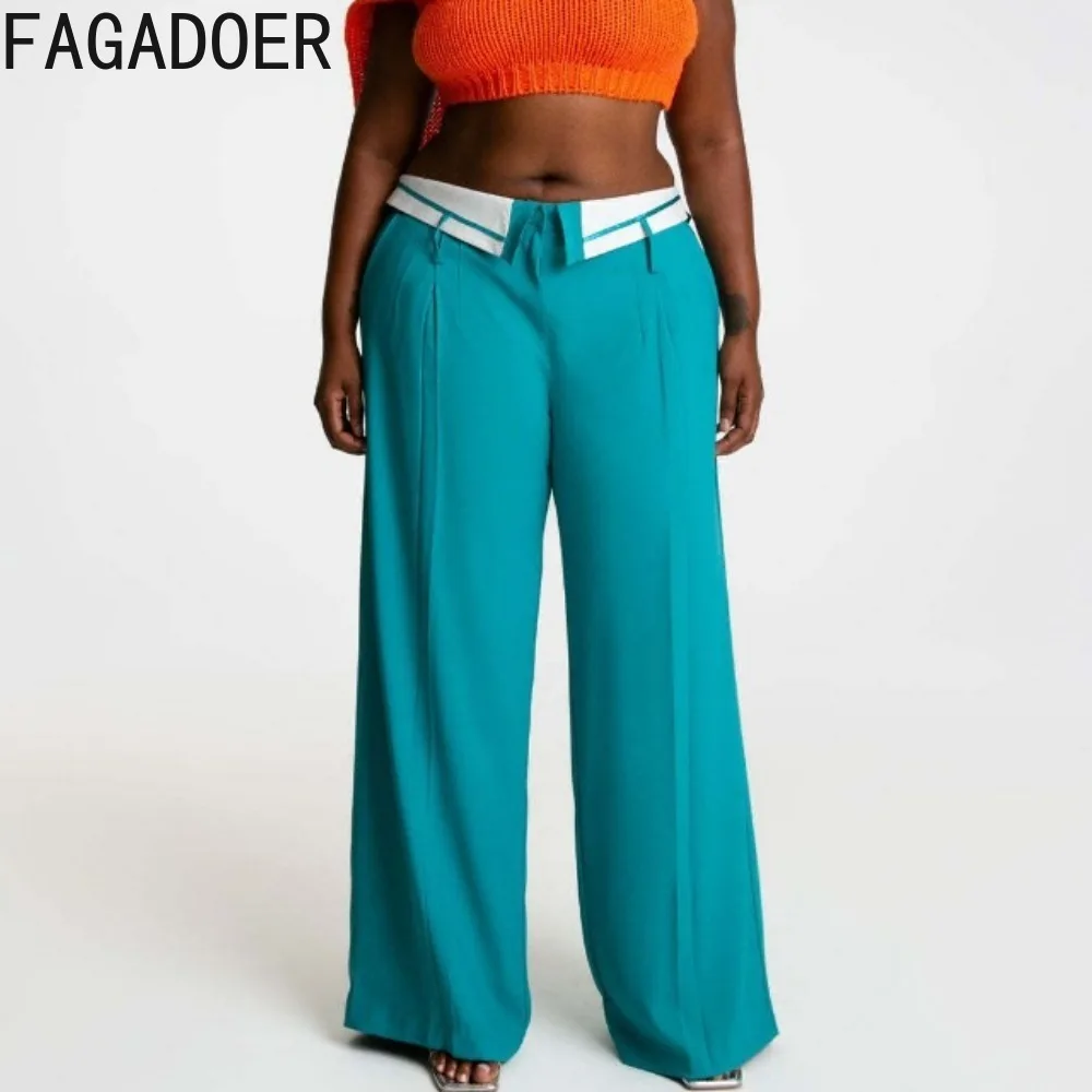 FAGADOER Vintage Fashion Ins Style Wide Leg Pants Women High Waisted Straight Trousers Elegant Lady Flip Collar Design Bottoms