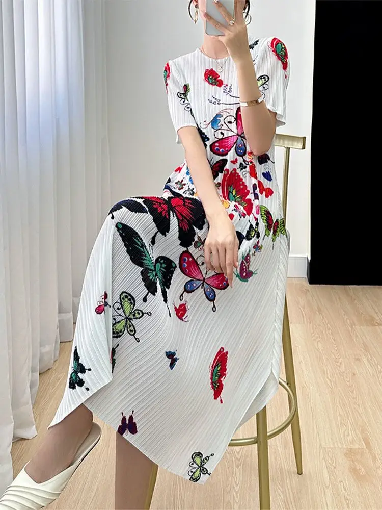 

Printed medium length dress for women's summer hit pleated commuting short sleeved bottom A-line skirt with a high-end feel