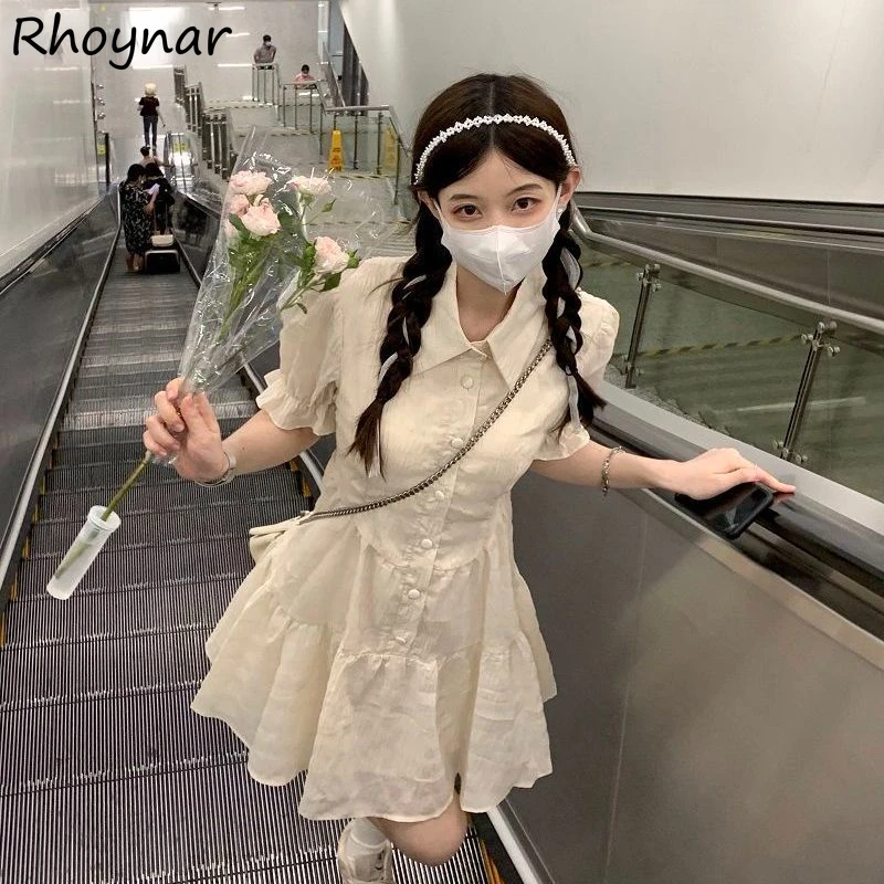 

Short Sleeve Dresses Women Above Knee Sweet Preppy Style Cute Females Folds Elegant Fashion Ulzzang College Summer Clothes New