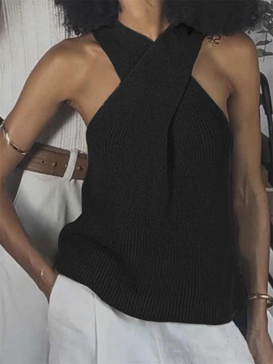 Women's Summer Knit Tank Tops Solid Color Sleeveless Cross Front Slim Sweater Vest Ladies Chic Camis Vest for Streetwear Y2K 00s picture