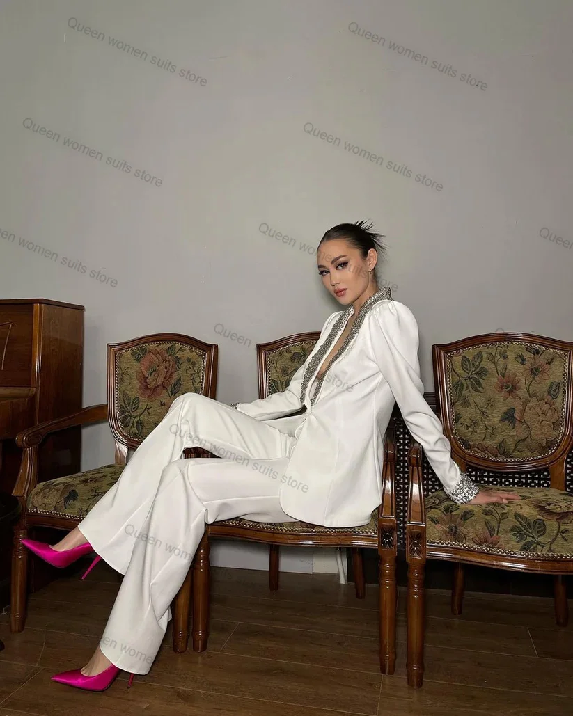 2024 Elegant Women's Light Luxury Diamond Design Suit Pants Set with Collar Long Sleeve Slim Fit Suit Coat+Two Piece Pants Set