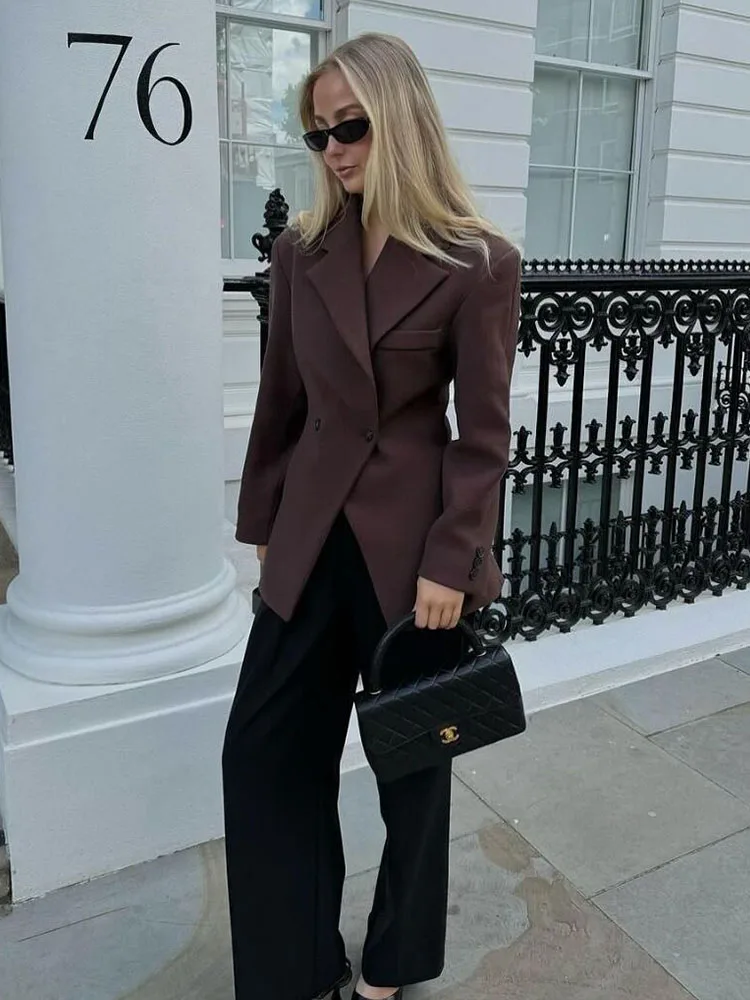 Women Fashion Solid Blazer Lapel Slim Double Breasted Long Suit Coat Female Office Commute Blazers Woman Street Outercoat Top ﻿