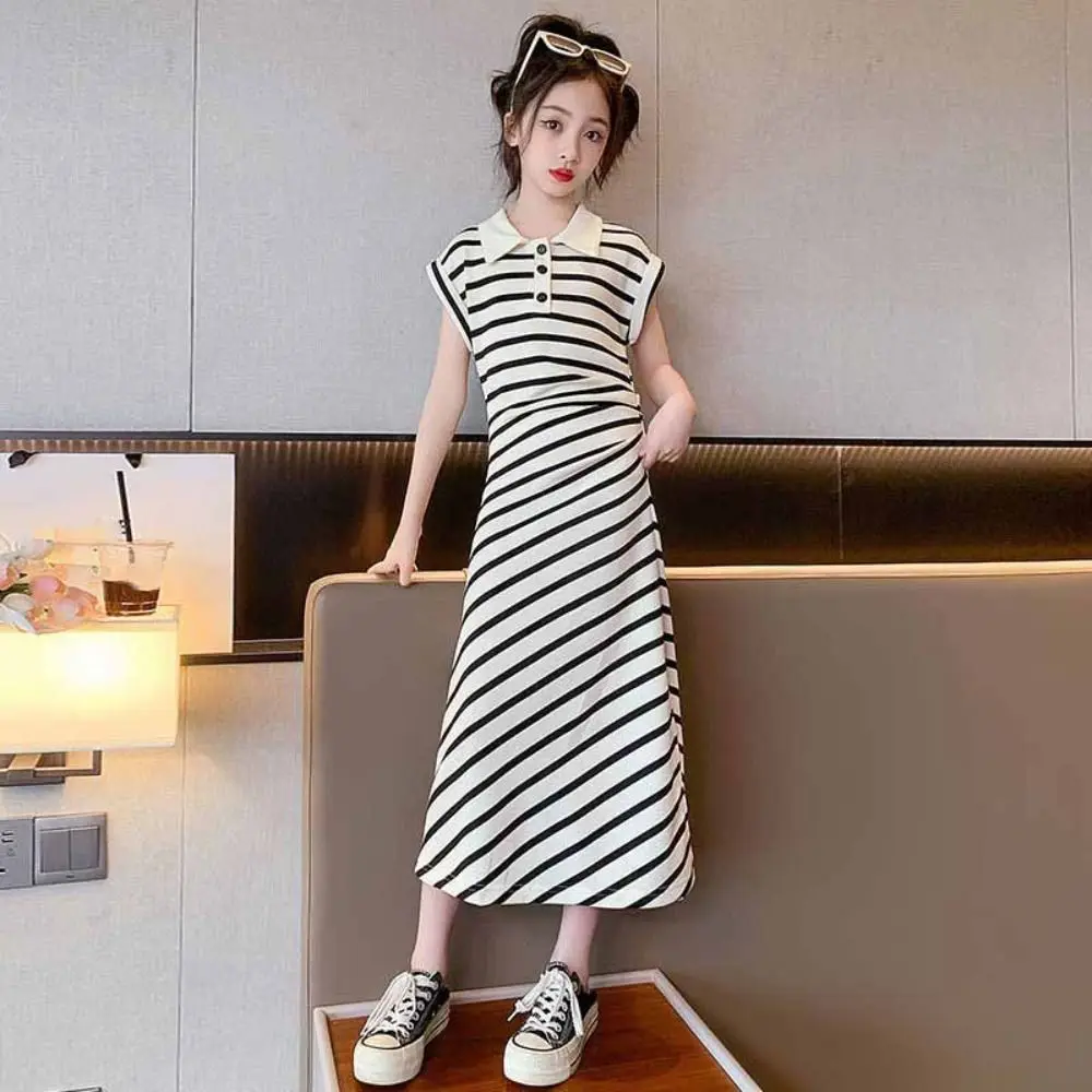 Princess Children Stripe Long Dress Skirt Short Sleeve Summer Kids Dresses Party Teenagers Girls Stripe Dress Students