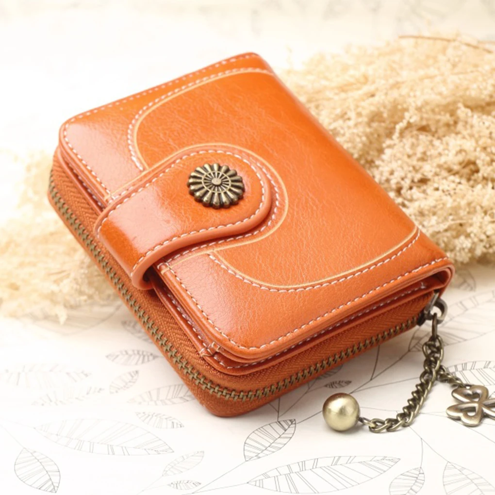 Women Change Short Wallet PU Leather Zipper Closure Coin Pocket Purse Card Holder Carrying Bag Festival Orange 5