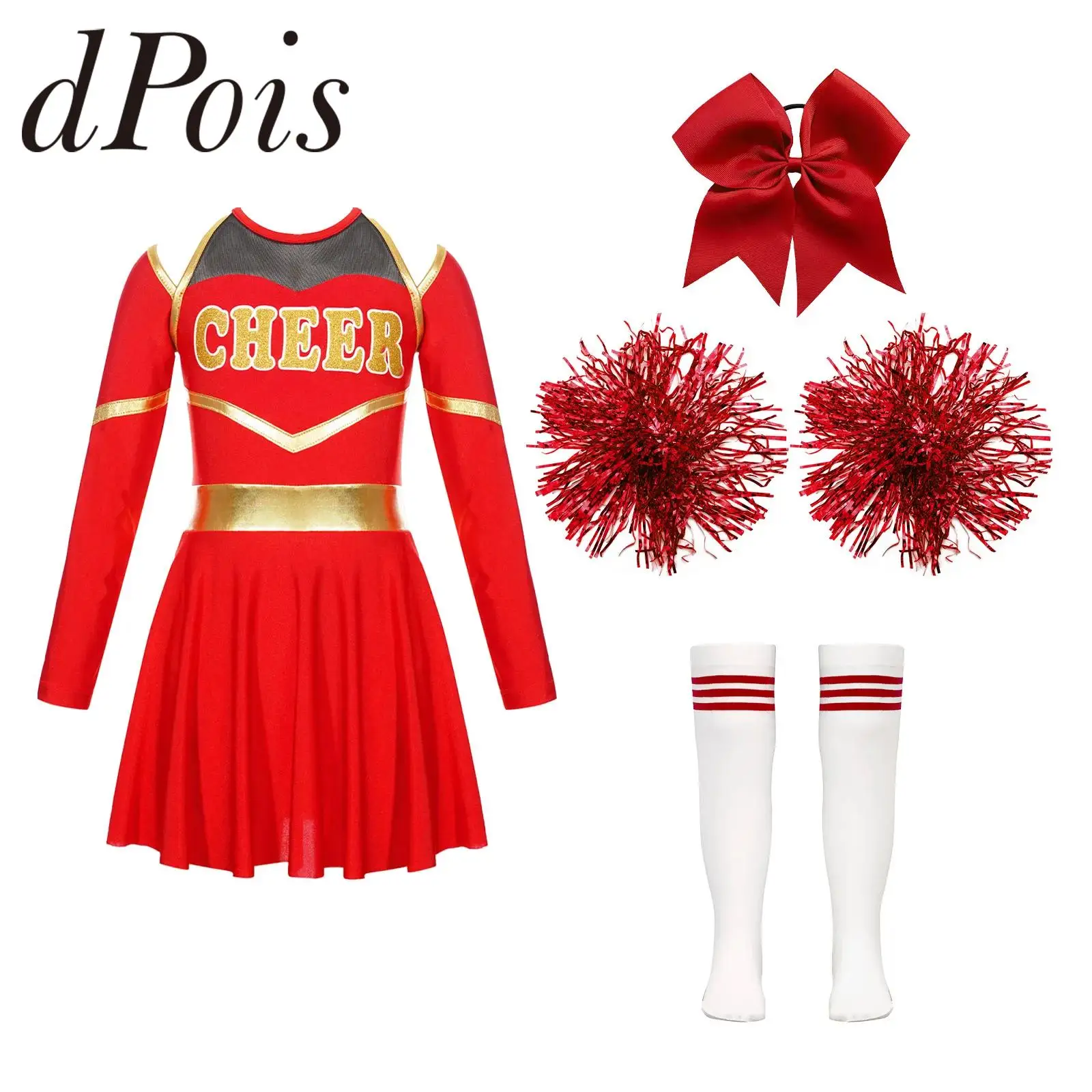 Kids Girls Cheerleading Uniform Dress With Flower Balls Sets Cheerleader Costumes Children Cheering Team Dance Outfits Dancewear