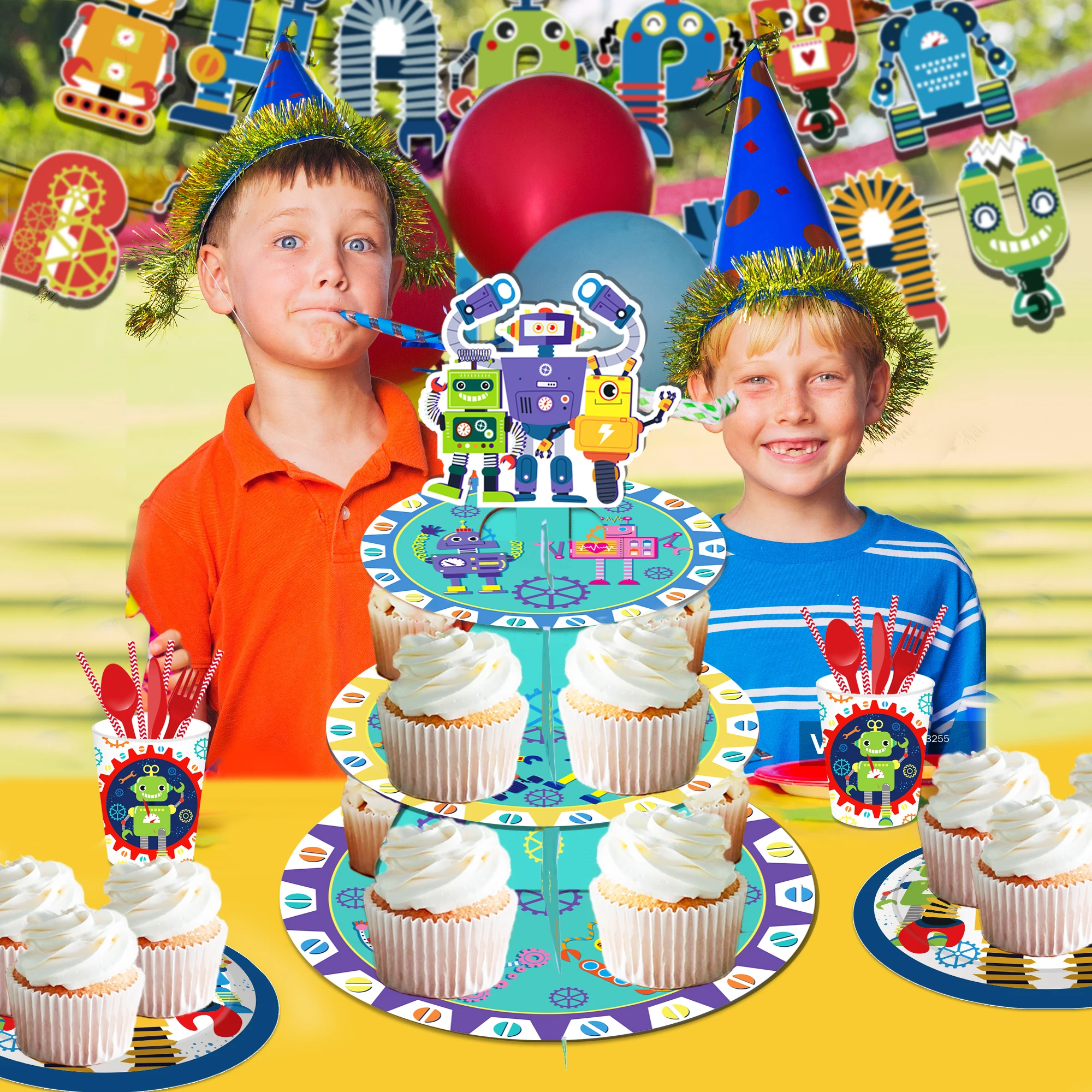 Description Picture 6 of itemRobot Party Disposable Tableware Set Cartoon Robots Kids Birthday Facial Paper Masks Glasses Photo Props Baby Shower Party Decor