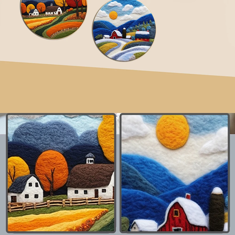 CHENISTORY 20x20cm Frame Felting Needles Kit House Landscape Diy Felt Set Felting Needles Wool Supplies For Mom Gift