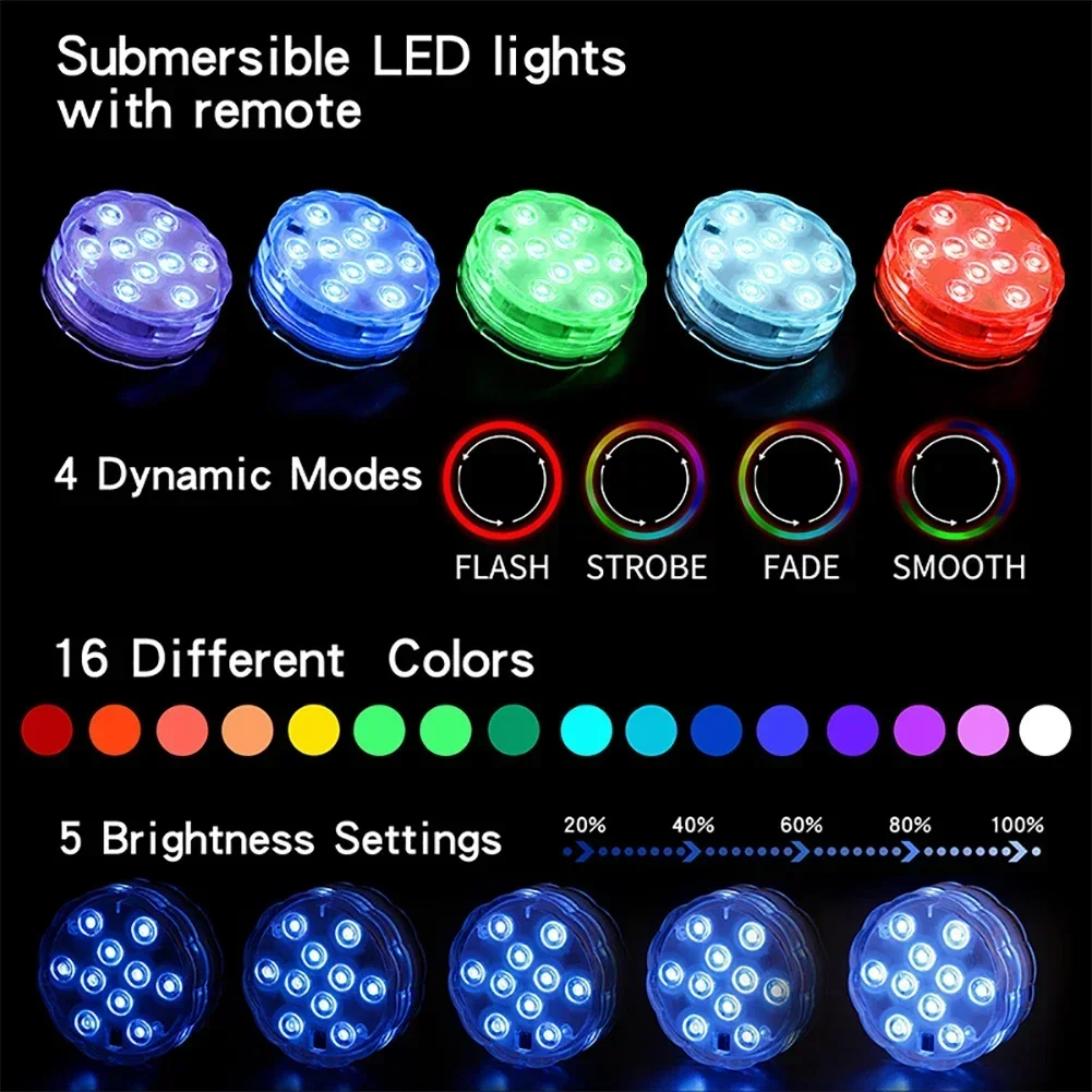 Description Picture 3 of item10 LEDs RGB Underwater Lamp Submersible Light Remote Control Garden Swimming Pool Light Aquarium Vase Bowl Wedding Party Decor