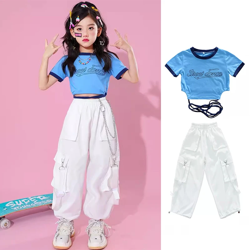 

2023 Hip Hop Dancewear Children Cheerleading Clothes Blue Tops White Cargo Pants Jazz Performance Outfit Kpop Clothing YS5007