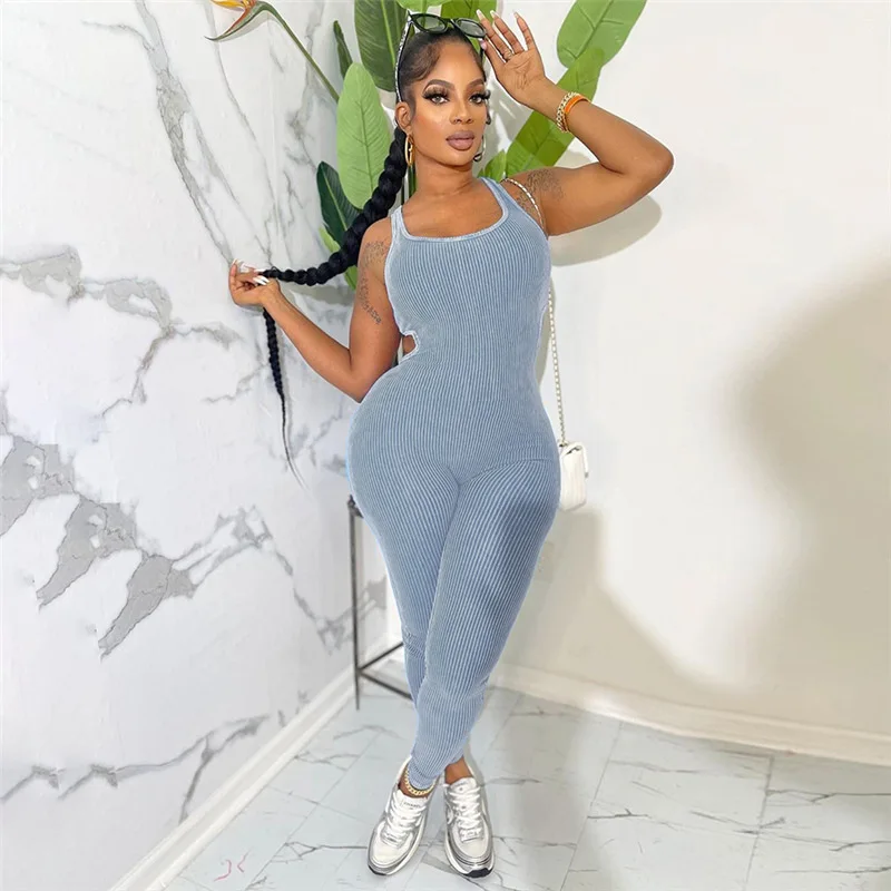 

Rib Knitted Slim Yoga Tank Jumpsuits Women Sexy Sleeveless Backless Stretch Skinny Workout Fitness Rompers Casual Sport Overalls