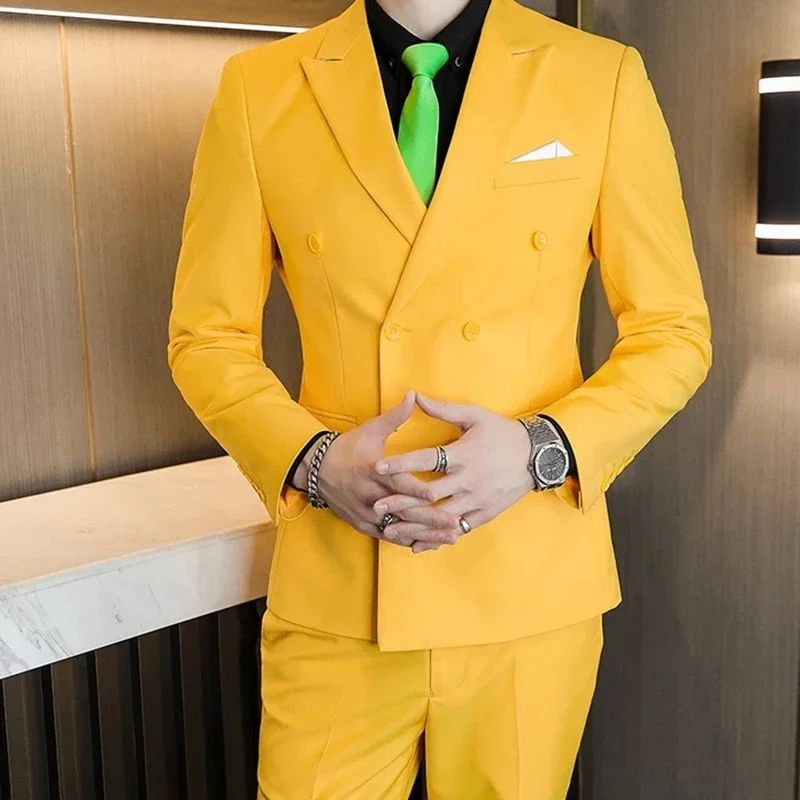 Fashion Yellow Double Breasted Men Suit Smart Casual Slim Fit Blazer Hombre Business High Quality Custom 2 Piece Costume Homme