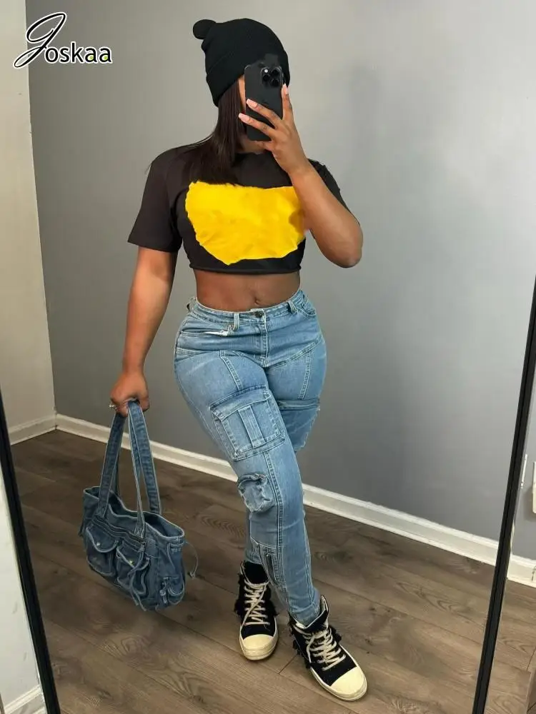 

Joskaa Fashion Multi Pockets Stretchy Skinny Blue Jeans Women Hipster Casual Denim Trousers 2024 Female Bottoms Y2K Streetwear