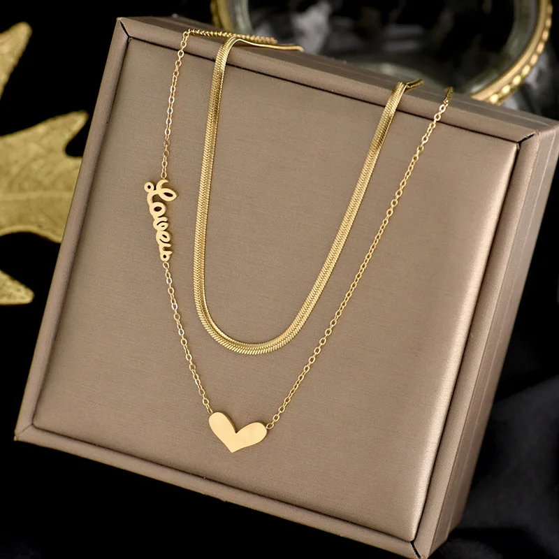 

Stainless Steel Heart Pendant Double Layer Necklace Korean Fashion Jewelry Ladies Girls Sexy Clavicle Chain Party Gifts