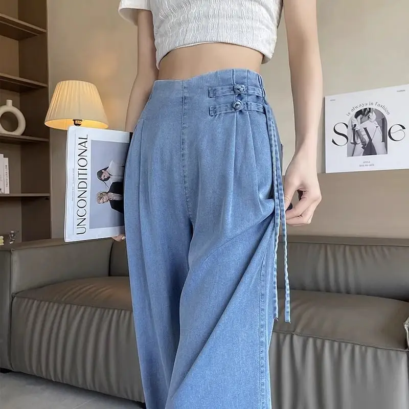 New Chinese style Tencel Jeans Women's Summer Thin High Waist Draping Chinese Pan Buckle Narrow Straight Suit Wide Leg Pants