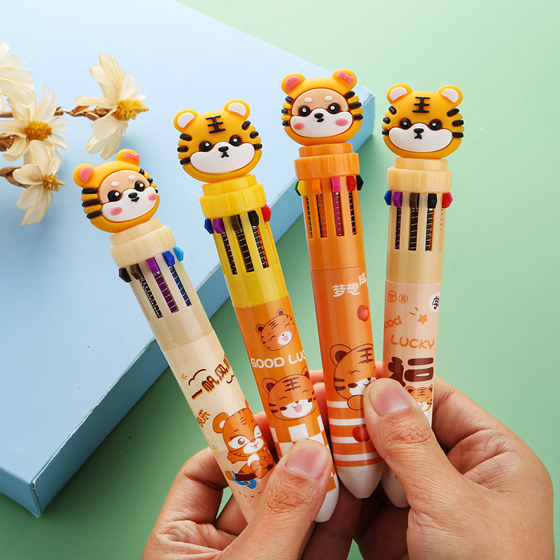 Cute Tiger Colorful Ink Ballpoint Pen Kawaii 10 Colors Automatic Press Gel Pens Korean Stationery Gifts School Office Supplies