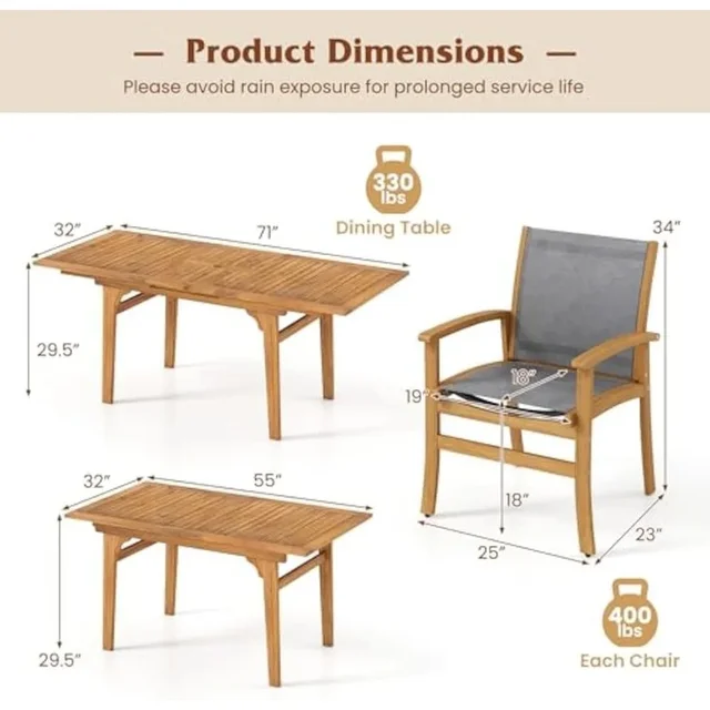 Set da pranzo da esterno in legno di acacia per 6-8 persone con tavolo e sedie espandibili, dotato di foro per ombrellone da 1,97 pollici e design traspirante 4