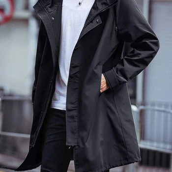 남성용 롱 트렌치 코트, 후드 바람막이, 블랙 오버코트, 캐주얼 재킷, 봄, 가을 패션