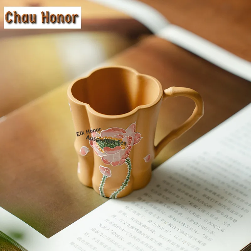 90ml Hand-painted Lotus Flowers Zisha Teacup Tea Bowl Beautiful Handle Cup Tea-tasting Meditation Cup Jianzhan Master Cups Gift
