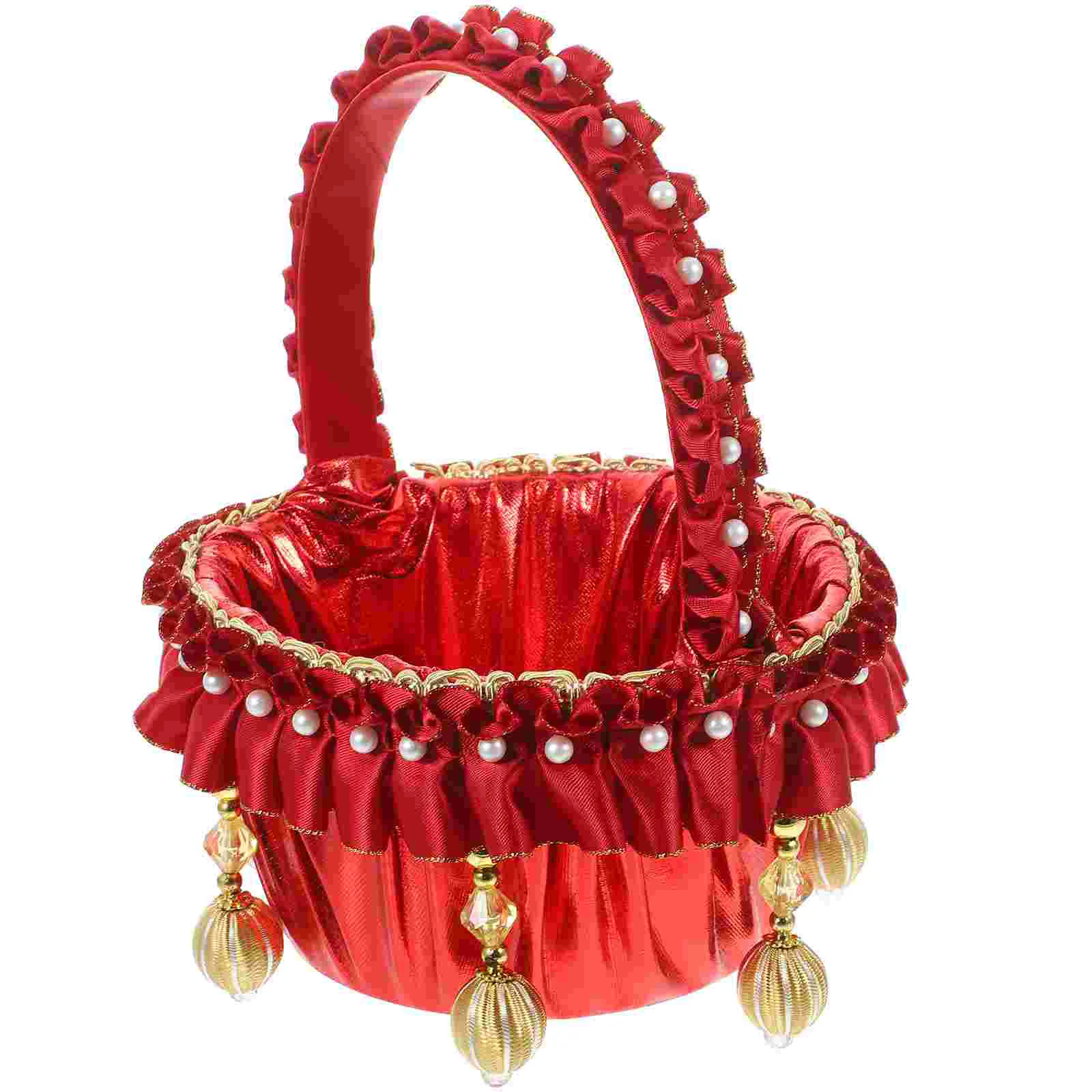 

Pearl Flower Girl Basket Wedding Petal Elegant Party Baskets Storage Handle for Weddings Small Satin Ornament Child