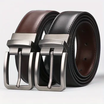 1pc Men's Leather Reversible Belt, Rotate Black Buckle 1