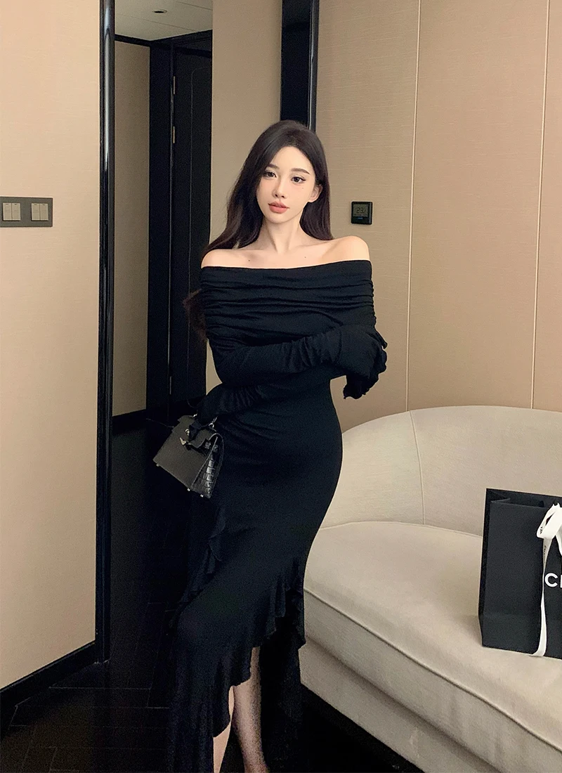 Sexy Bodycon Evening Dresses for Women Long Sleeves Slash Neck Ruffles High Slit Slim Korean Fashion One Piece Vestidos Mujer
